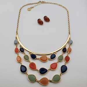 Vtg Liz Claiborne Faceted Stones Bib Statement Necklace & Earrings Set Gold Tone